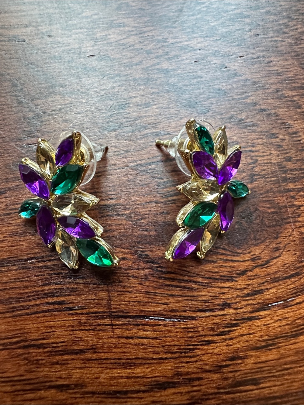 Gold-tone Floral Cluster Stud Earrings with Purple and Green Stones